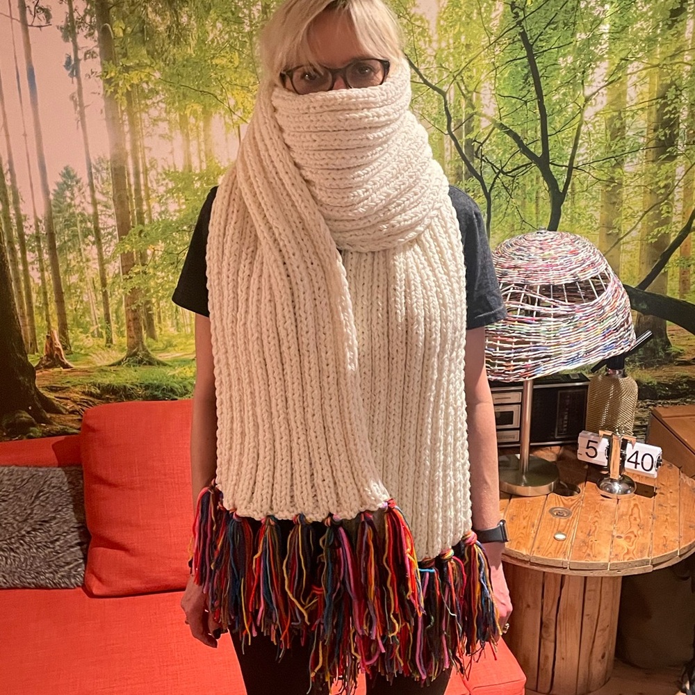 Chunky Hand Knit Scarf with Colorful Fringe